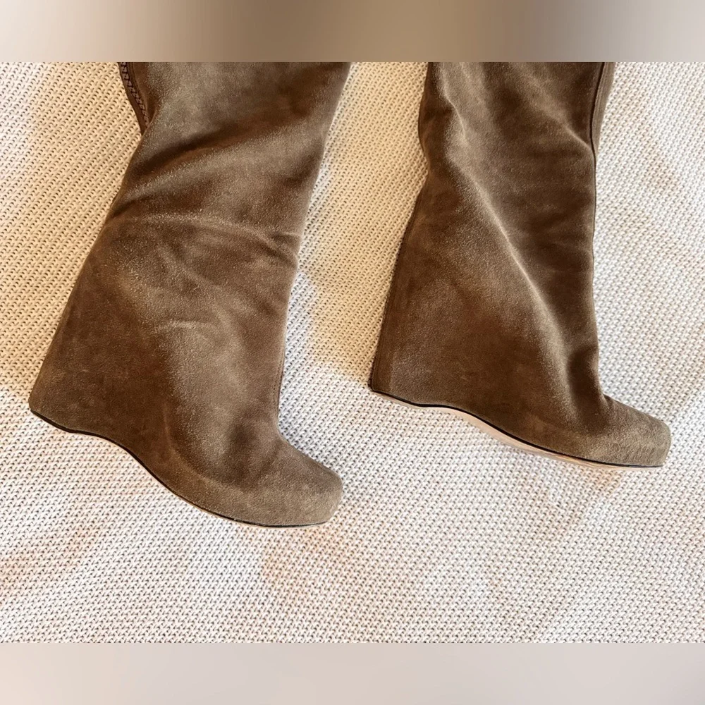 STEVE MADDEN Parralel Suede Leather Taupe Brown Over the Knee Wedge Boots